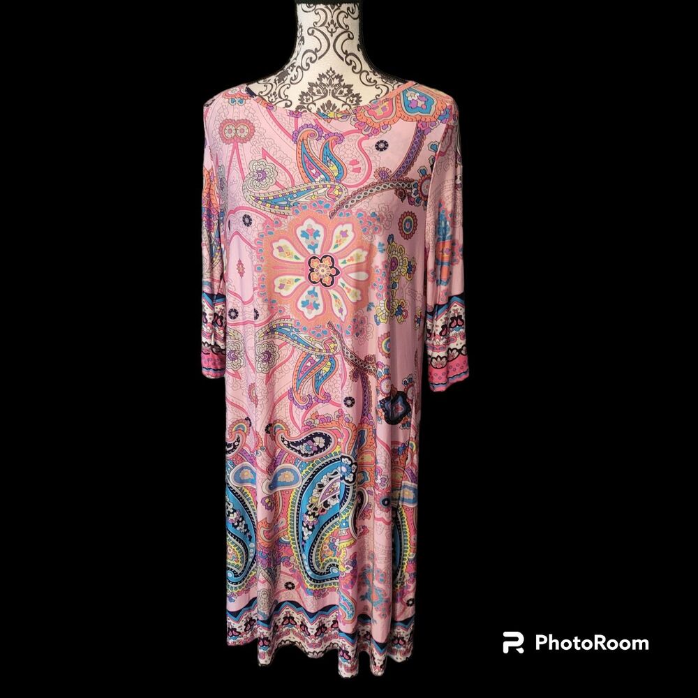 MOA USA Pink Paisley Floral Print Silky Long Sleeve Tunic Dress L